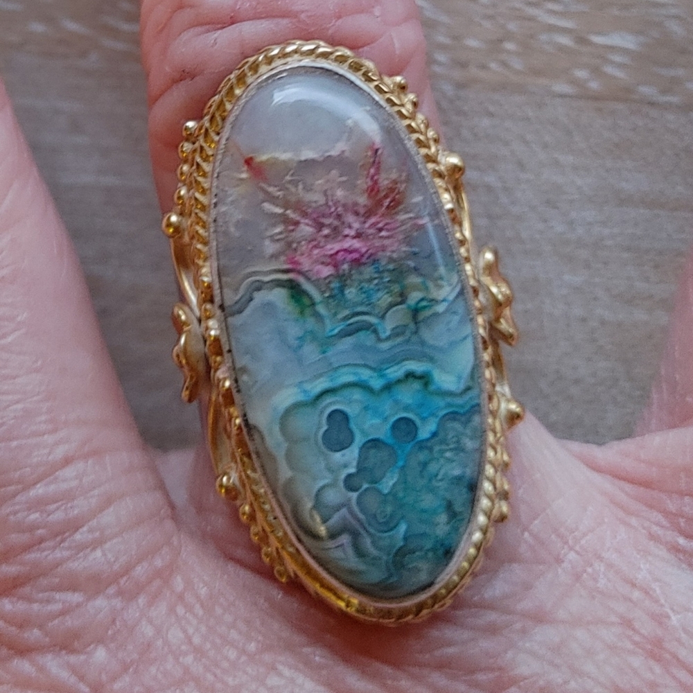Dyed Crazy Lace BoHo Ring w/ SOLID Sterling Silver & Vermeil Flower Design (7)